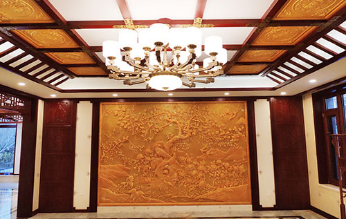 香河中式别墅客厅中式木作横梁吊顶装饰展示