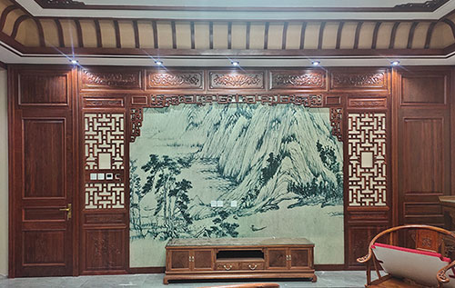 香河中式仿古别墅客厅背景墙花格木作装饰